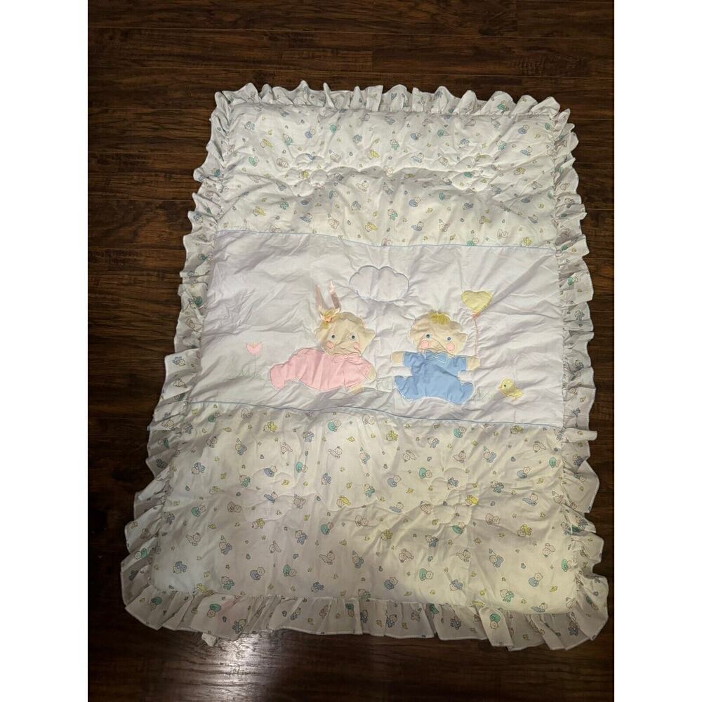 Vintage Baby Q Quiltex Boy And Girl Crib Blanket Comforter Soft White